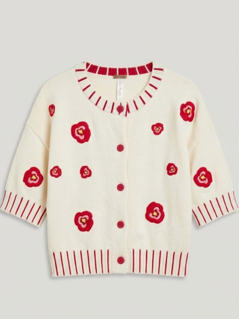 NEW ENTRO women's floral embroidered cardigan in cream / red